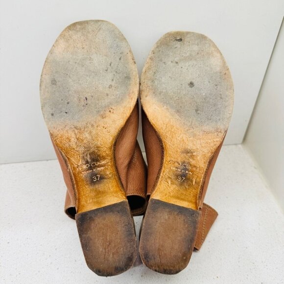 Mimosa Tan Camel Genuine Soft Leather Shoes Peep Toe Stacked Heel Sandals Sz 37 - Picture 8 of 15
